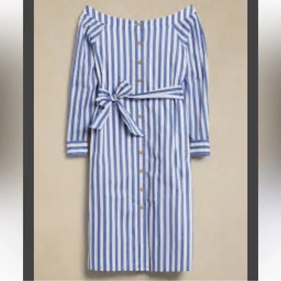 Banana Republic Factory Off-Shoulder Blue Striped Midi Dress - Picture 2 of 8